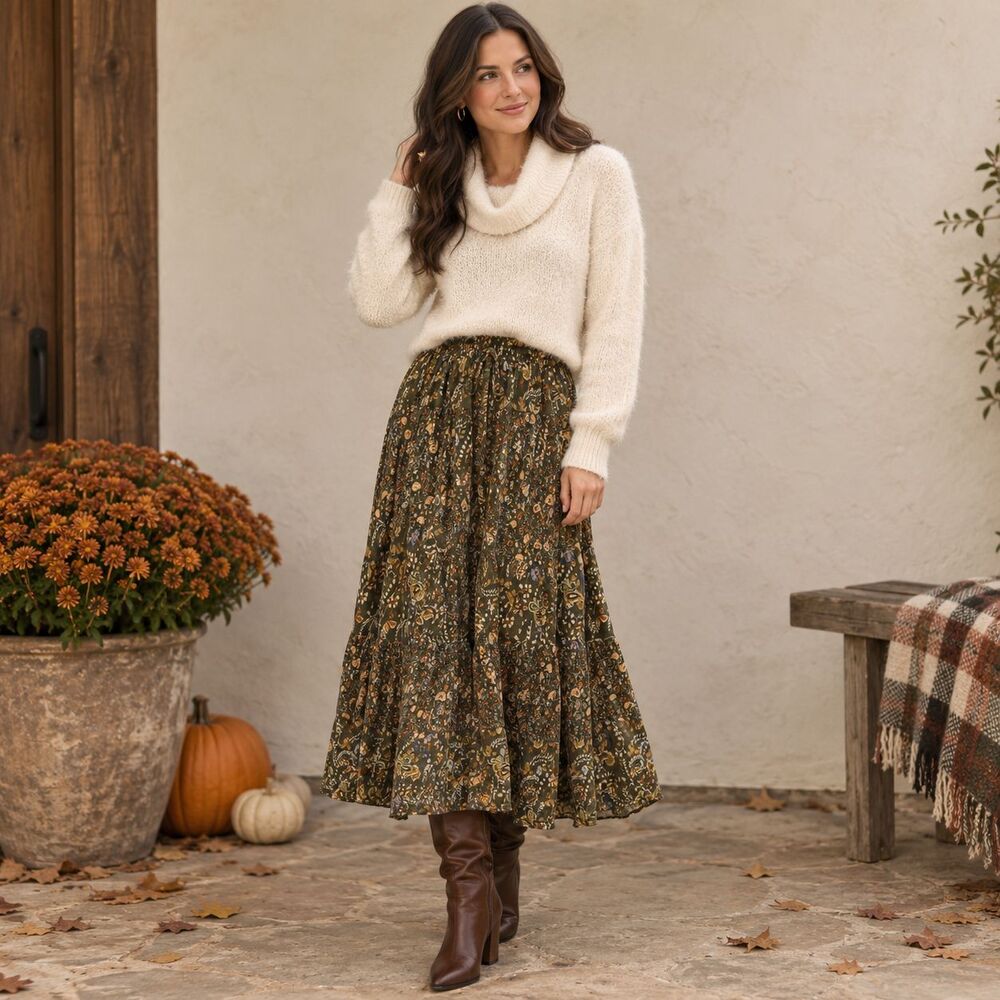 Vintage Bobbie Brooks Maxi Broom Skirt Womens M Green Paisley Boho Romantic Fall
